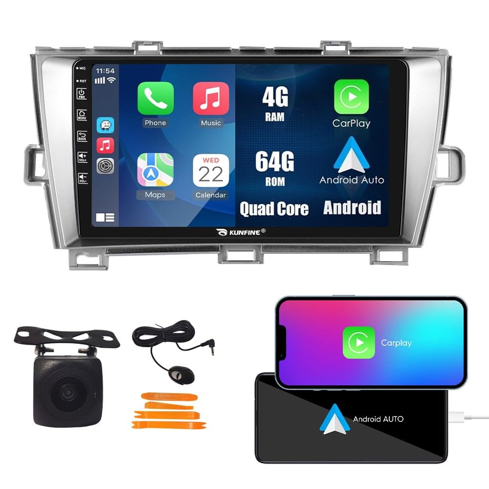 Car CarPlay Android Auto Navigation Stereo GPS Radio Camera Display 9" IPS Touchscreen Headunit Tablet Pad Media Player for Toyota Prius LHD 2010-2014, if Applicable Quad Core 4G+64G Sliver