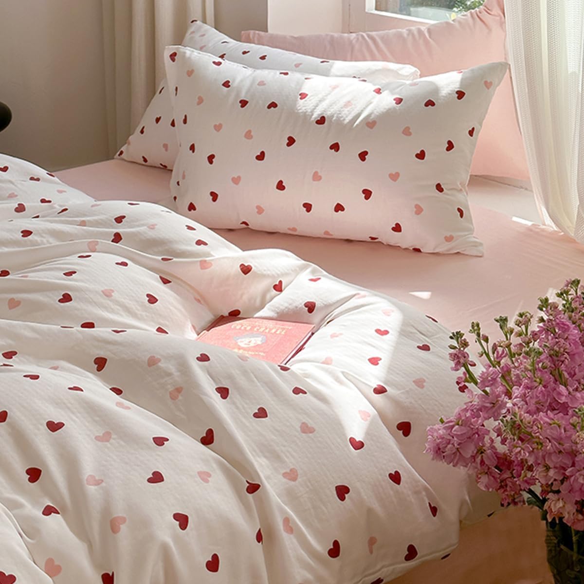 Heart Duvet Cover Set Twin Kawaii Red Pink Heart Printed Bedding Set 2Pcs Kids Girls Cute Heart-Shaped Pattern Reversible Comforter Cover Set with Zipper Closure Soft Breathable Microfiber-image-44