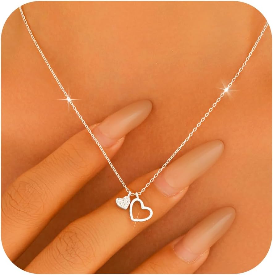 925 Sterling Silver Tiny Double Heart Shaped Choker Necklace for Women 14K Gold Plated CZ Dainty Love Heart Shaped Chain Necklace Jewelry to Daughter Mom Birthday Wedding Meaningful Valentines Day Gifts for Her
