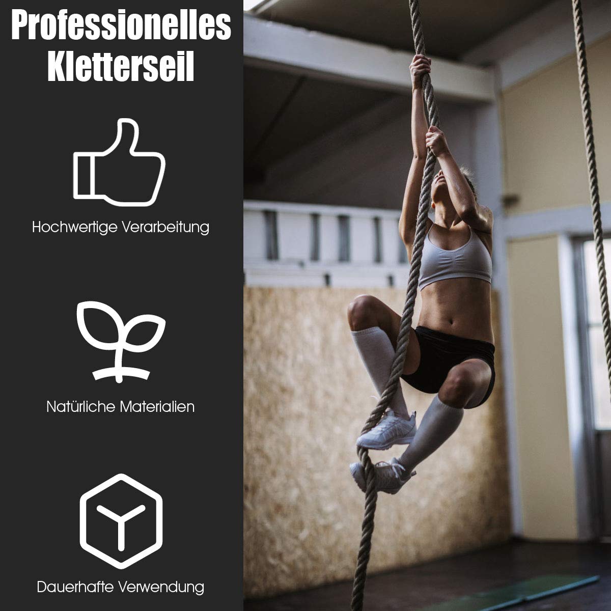 COSTWAY Gym Kletterseil, Übungsseil mit Gummigriffen, Sportseil aus Juteseil, Trainingsseil für Kraft- und Fitnesstraining, Ganzkörpertraining