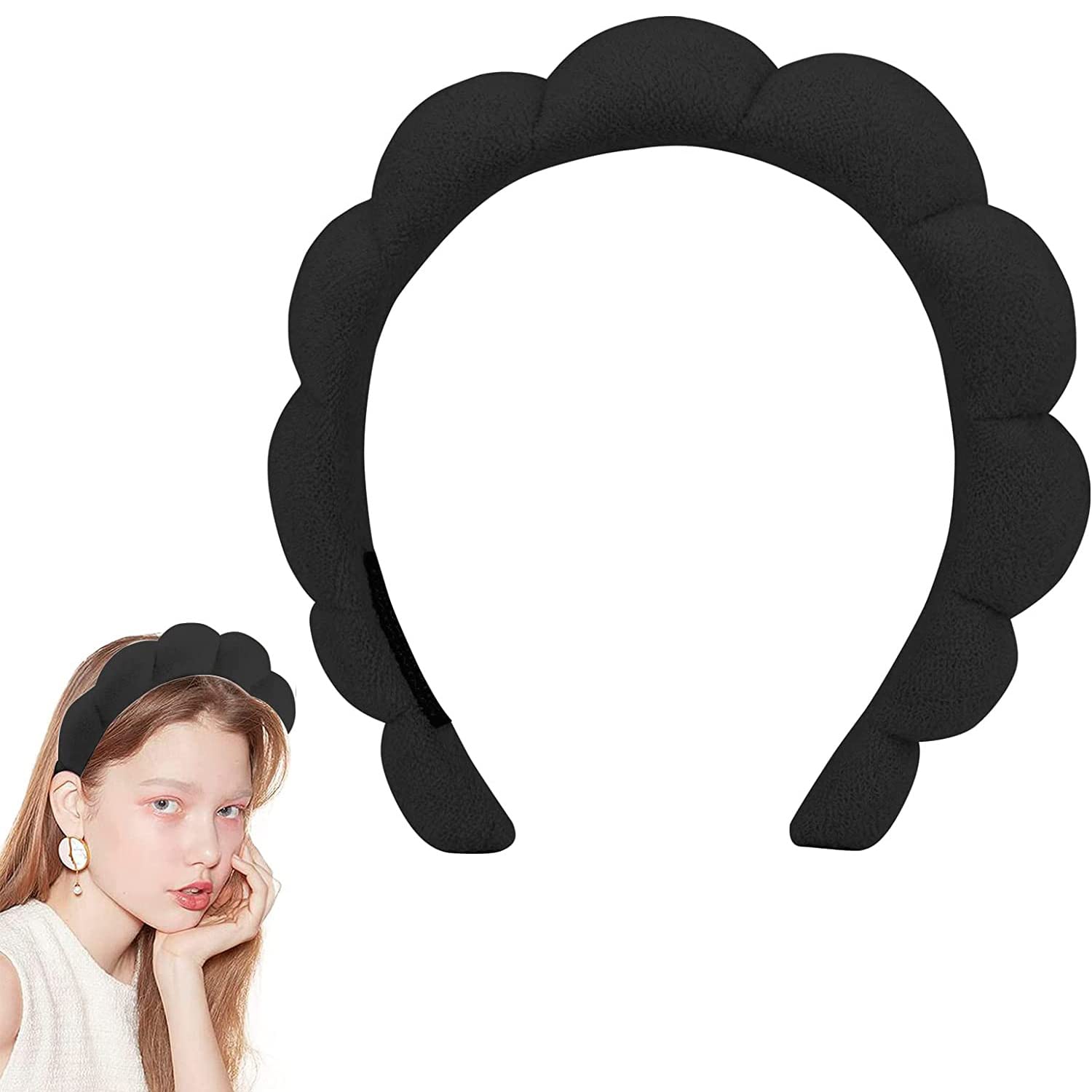 Spa Headband Skincare Soft Sponge Padded Hairband Washing Face Puffy Head Band Non Slip Fabric Spa Makeup Hair Hoop for Face Washing, Makeup Removal, Shower, Facial Mask Women and Girls (Black)