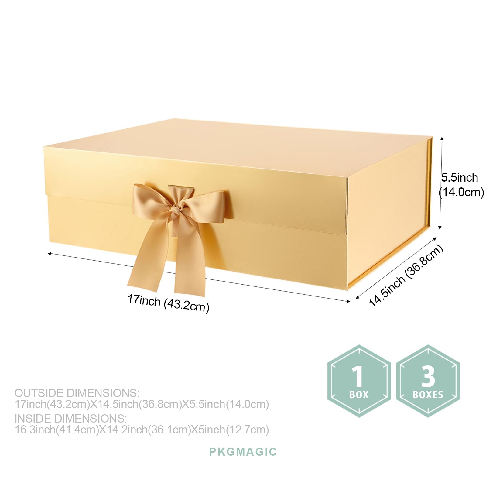PKGMAGIC 3 x Geschenkboxen, extra groß, 41,4 x 36,07 x 12,7 cm, Geschenkboxen mit Band, extra große Geschenkboxen mit Deckel, Geschenkboxen für Kleidung und große Geschenke (Gold glänzend)