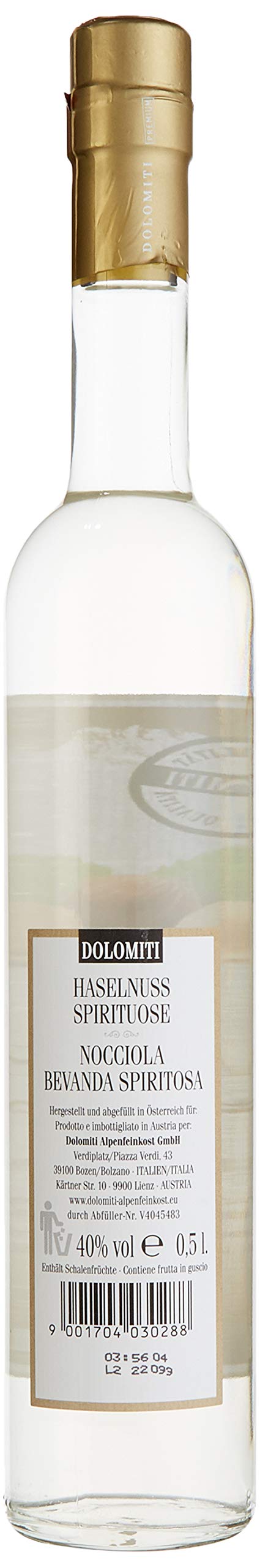 Dolomiti Haselnuss-Schnaps Premium Spirituose 40% vol. | Haselnussschnaps | 3 x 0.5 Liter 3028