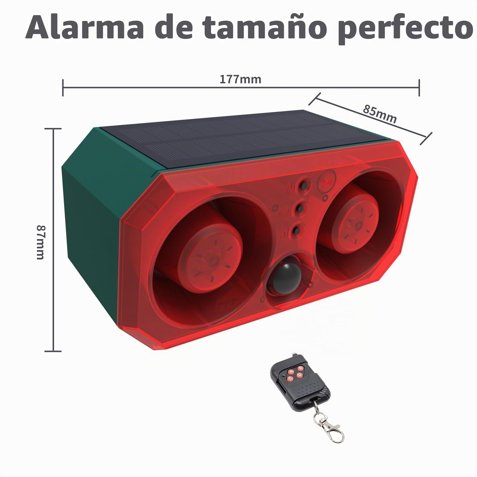 Alarma Solar con Sensor de Movimiento al Aire Libre: disuasorio de Coyotes de 130 dB, Sonido de bocinas duales, luz de Movimiento y Control Remoto, disuasorio de Animales para Patio, Granja