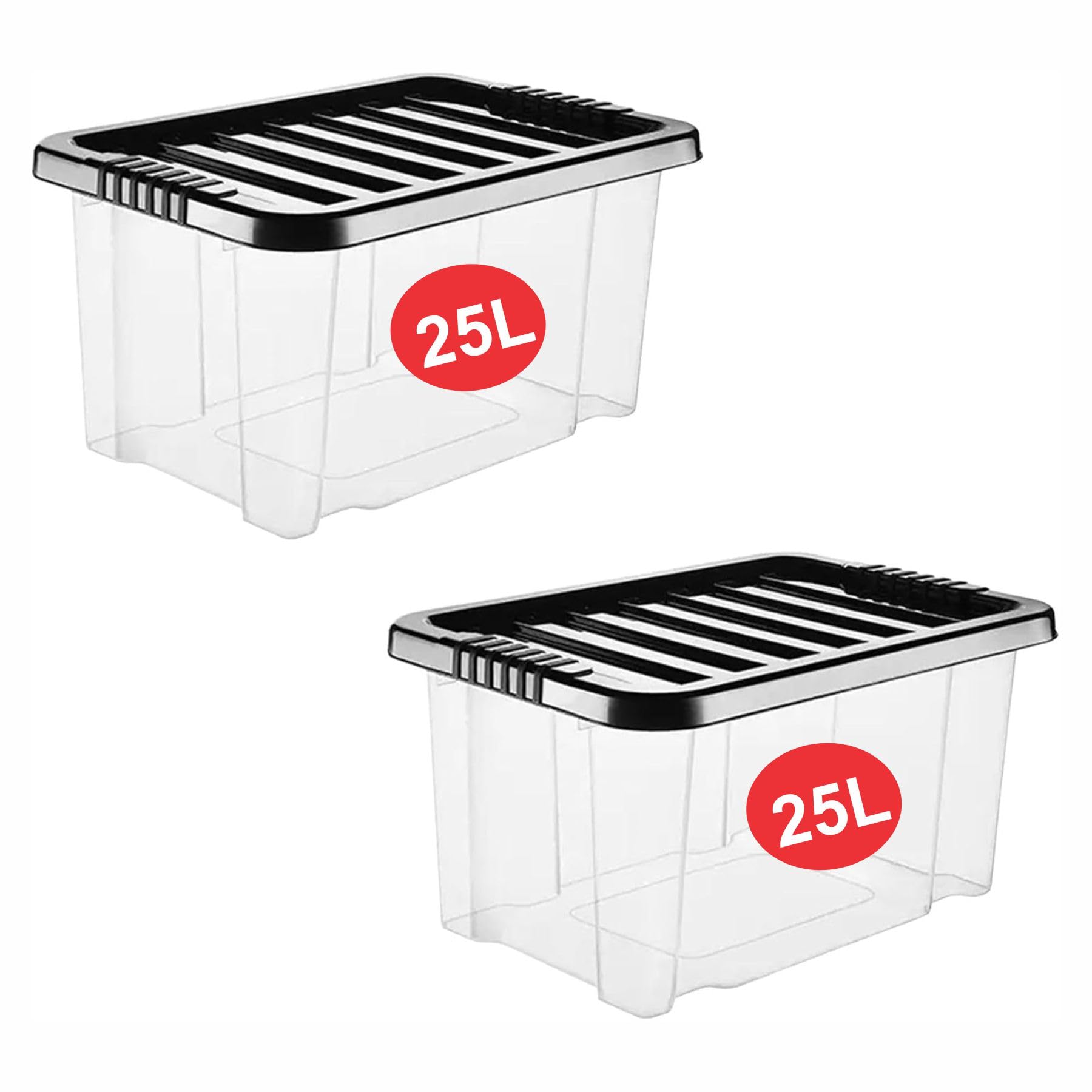 Relianceuk Clear 25L Plastic Storage Boxes With Black Lids (25 Litre / 2 Pack) | Stackable, Durable And Storage Containers, Bpa Free Storage Box For Home Office Kitchen