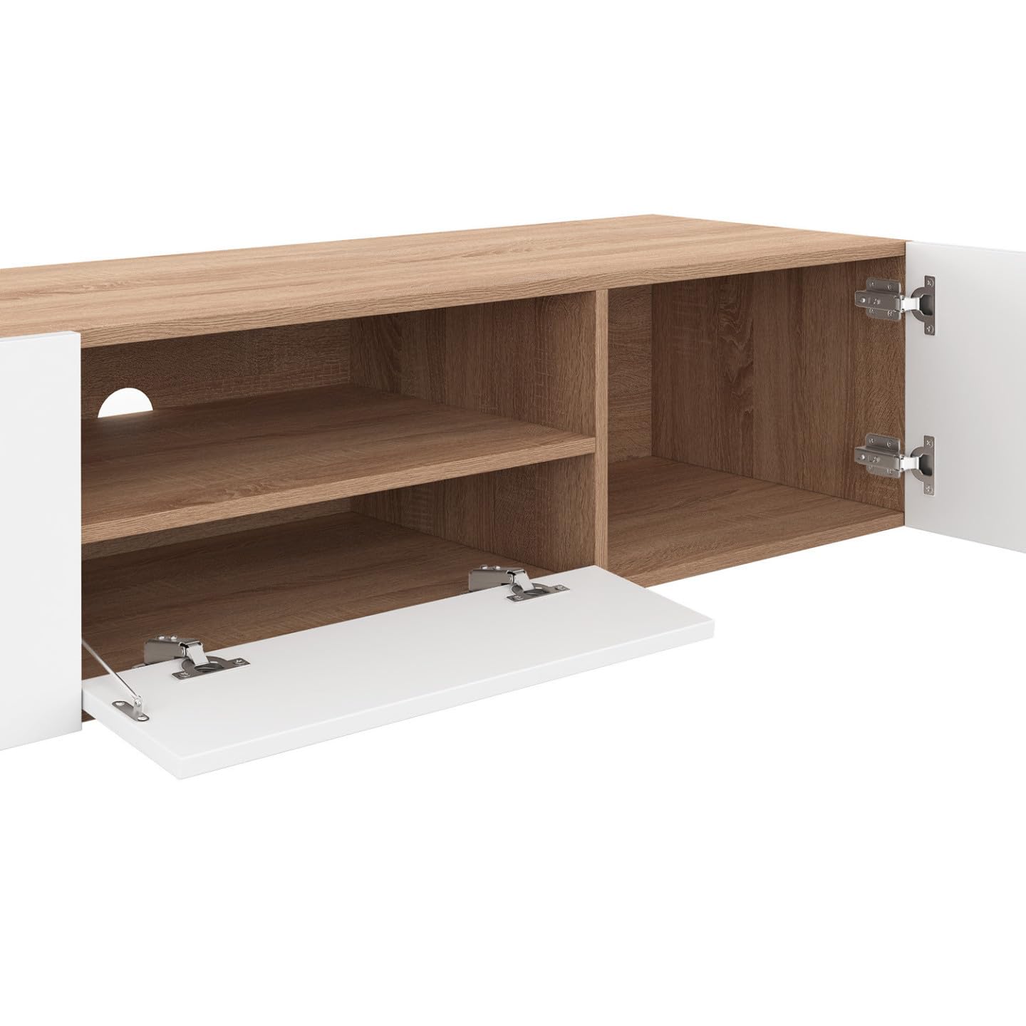 IDMarket - Meuble TV 140 cm ELI Bois façon hêtre Portes Blanches