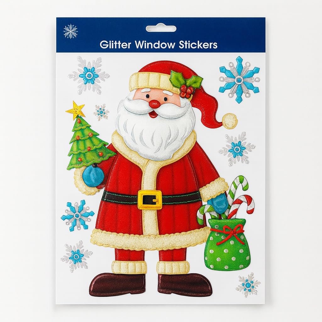 Nimvona Red And White Xmas Figures Glitter Finish Window Stickers 41Cm X 29Cm Santa Glitter Window Clings Easy Peel And Stick Christmas Window Decorations For Home, Kids Rooms & Winter Christmas Décor (1Pc)