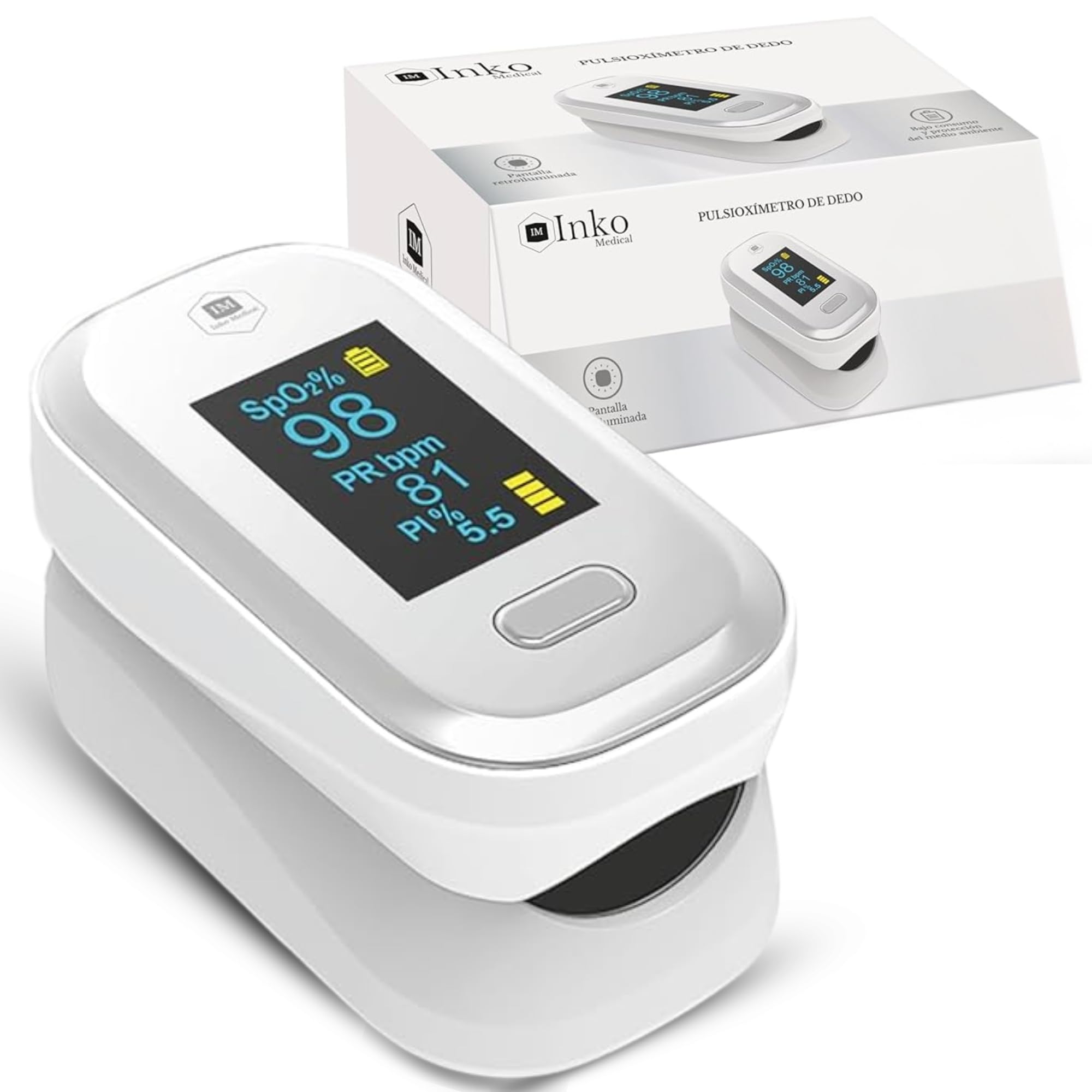 Pulsioxímetro de dedo Inko Medical con Indice de Perfusión, Lectura más Exacta, Oxímetro Dedo Profesional