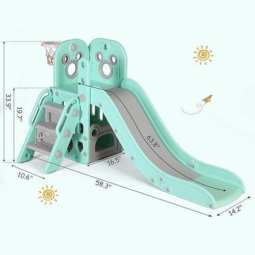 Miniatura 2 de MAMIZO Tobogán 6 en 1 para niños pequeños, tobogán extralargo para escaladores, parque infantil para interiores y exteriores, con aro de baloncesto