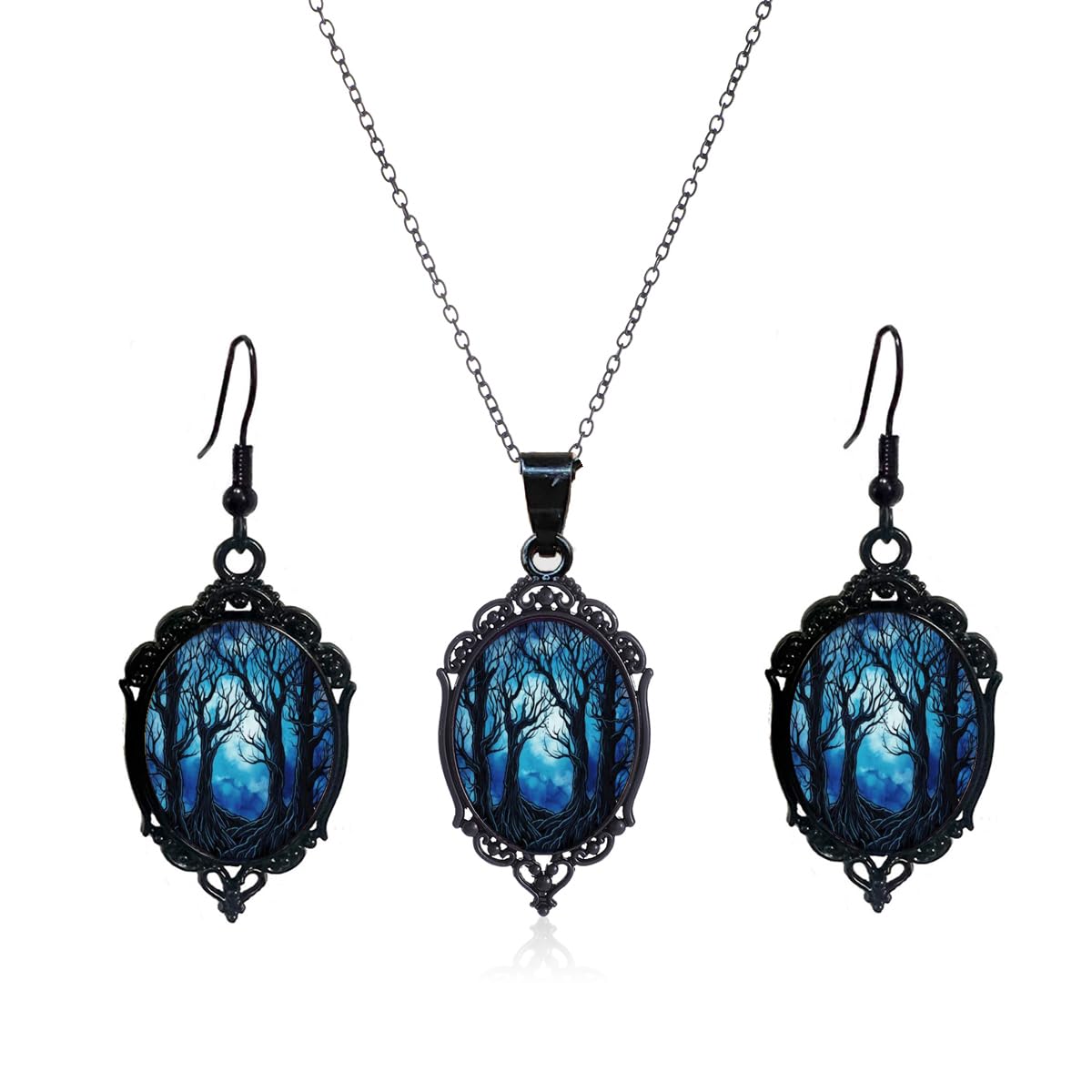 Halloween Cameo Earring Necklace Set for Women Gothic Witch/Tree of Life Earring Necklace Set Vintage Crystal Glass Earring Necklace Set Punk Rock