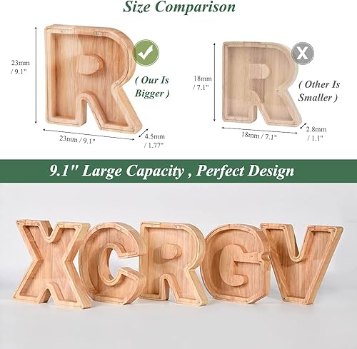Miniatura 3 de Alcancía de madera personalizada, alcancías grandes para niños, niñas y adultos, 9.1 pulgadas, 26 letras del alfabeto, caja de ahorro de dinero
