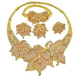 LifflyLadys African Necklace Flower Dubai Gold Jewelry Nigerian Crystal Necklace Trendy Chunky Gold Chain Hoop Earrings Women Italian Bridal Jewelry Sets Wedding Accessories