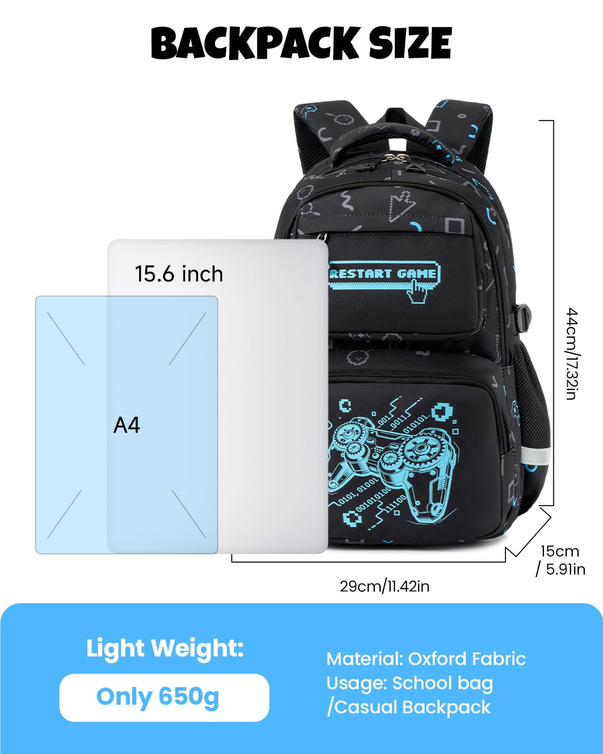 Amythe Schulranzen Jungen 1. bis 4. Klasse Reflektierend, Spielkonsole | Nachtleuchtend Wasserdicht Laptopfach Leicht Spielkonsole Daypack Multitasche Geräumig Robust für Schule Reisen Wandern