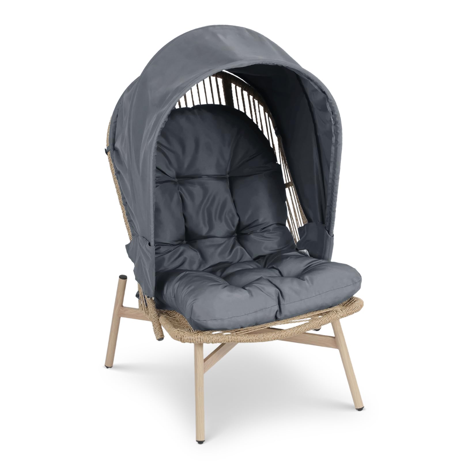 Athena Collection Patio Wicker Egg Chair with Folding Canopy, All-Weather Rattan Patio Lounge Chair with Sun Shade, Balcony Furniture Outside Seating for Front Porch, Garden, Poolside, Outdoor, Grey