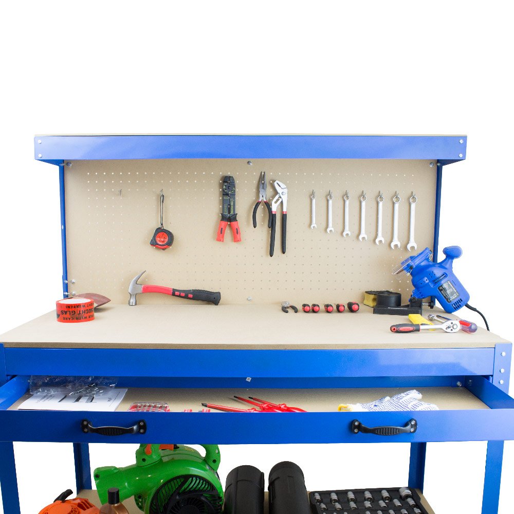 BITUXX Werktisch Werkbank Arbeitstisch Arbeitsplatte Lochwand Schublade Werkstatt 115 x 55 x 140 cm Blau