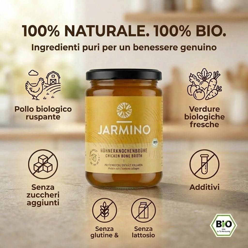 JARMINO brodo biologico di ossa di pollo (6 x 350 ml) | acido ialuronico, collagene e proteina naturale | bone broth | bevanda salutare o come base per zuppe e salse