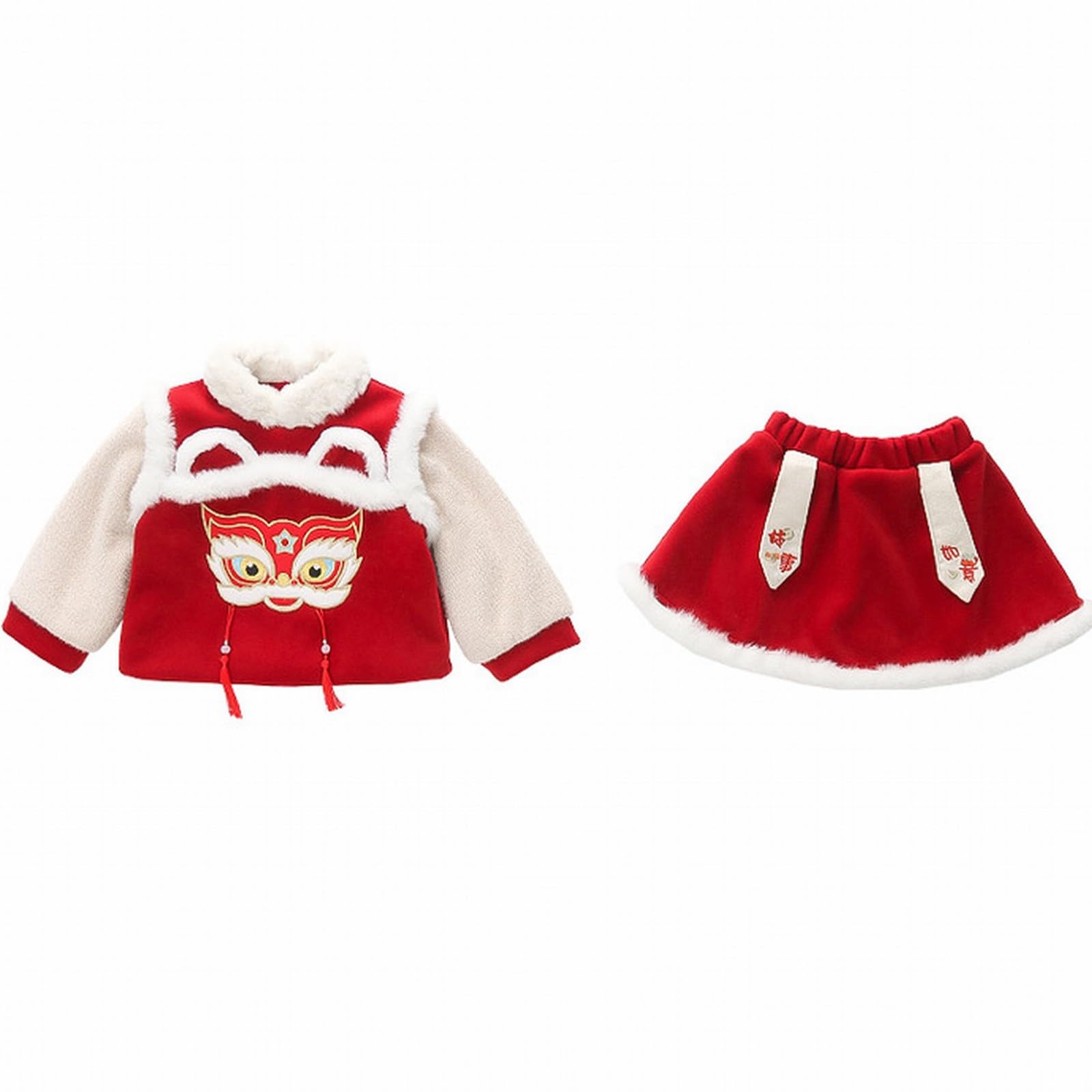 Conjunto de chaqueta de conejo de invierno para bebé con borlas, traje cálido de espiga para niños pequeños, abrigo de forro polar, falda peluda, ropa tradicional china