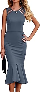 Women's Sleeveless Midi Bodycon Formal Dress Ruffle Mermaid Hem Elegant Cocktail Wedding Guest Midi Dresses