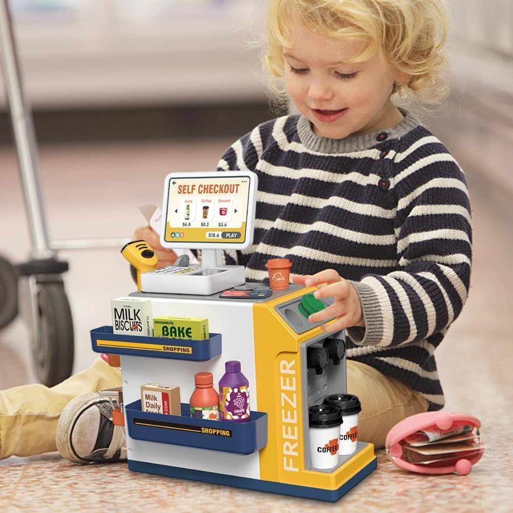Pihura Cash Register Playset for Kids with Sound Light, Mini Supermarket Cashier, Pretend Play Store Money, Calculator, Scanner, Credit Card and Play Foods, Gift for Boys and Girls Ages 3+ 3