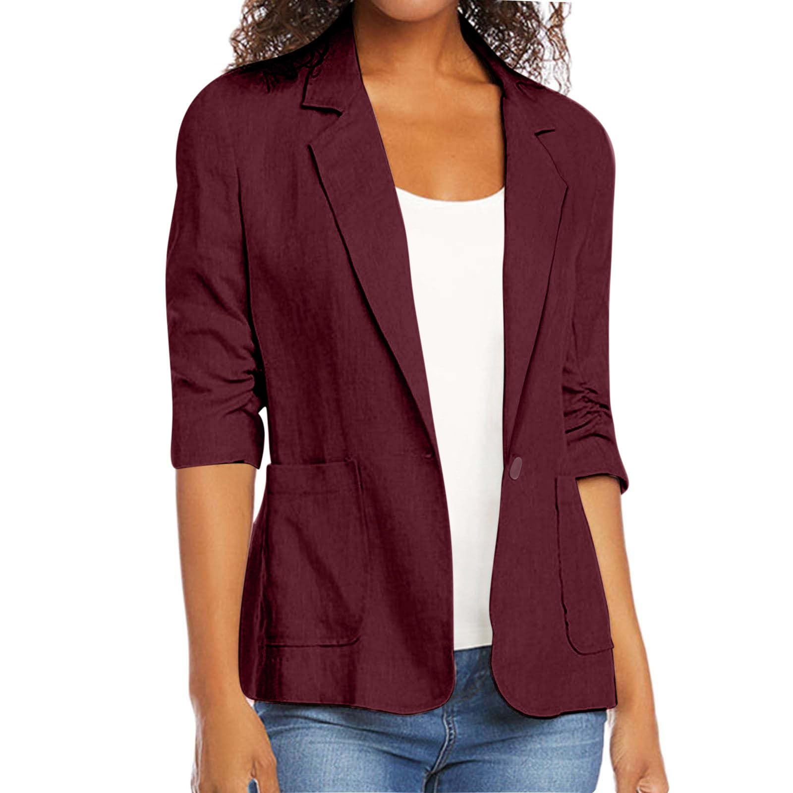 Linen Blazer for Women Lightweight 3 4 Length Sleeve Cardigan Jackets Elegant Casual Work Business Blazer with Pockets
