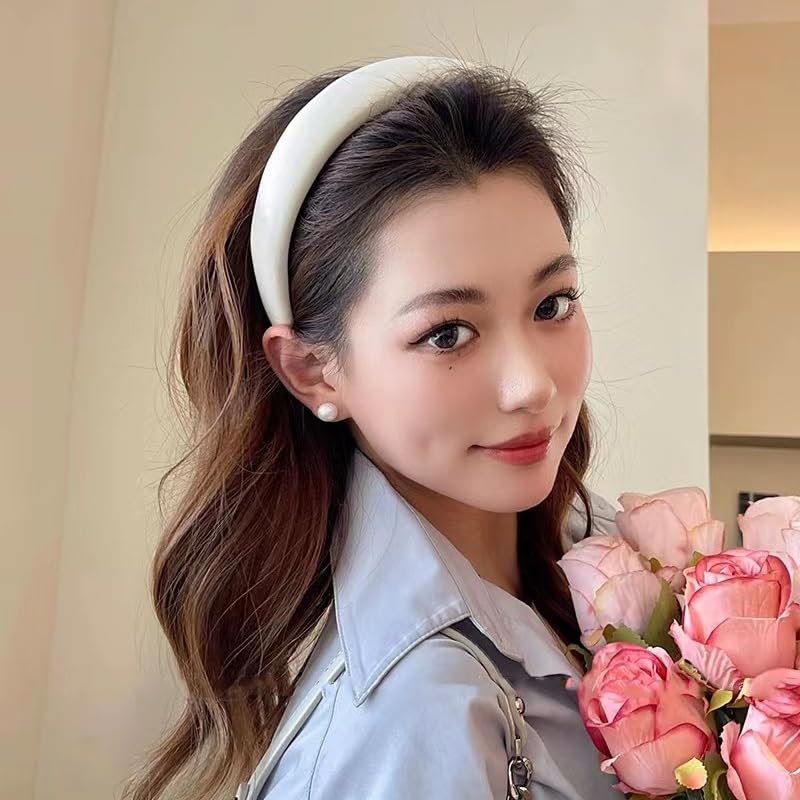 Miniatura 3 de Diadema acolchada blanca para mujer, banda ancha y gruesa para la cabeza para niñas, diadema simple de esponja sólida, diademas antideslizantes de