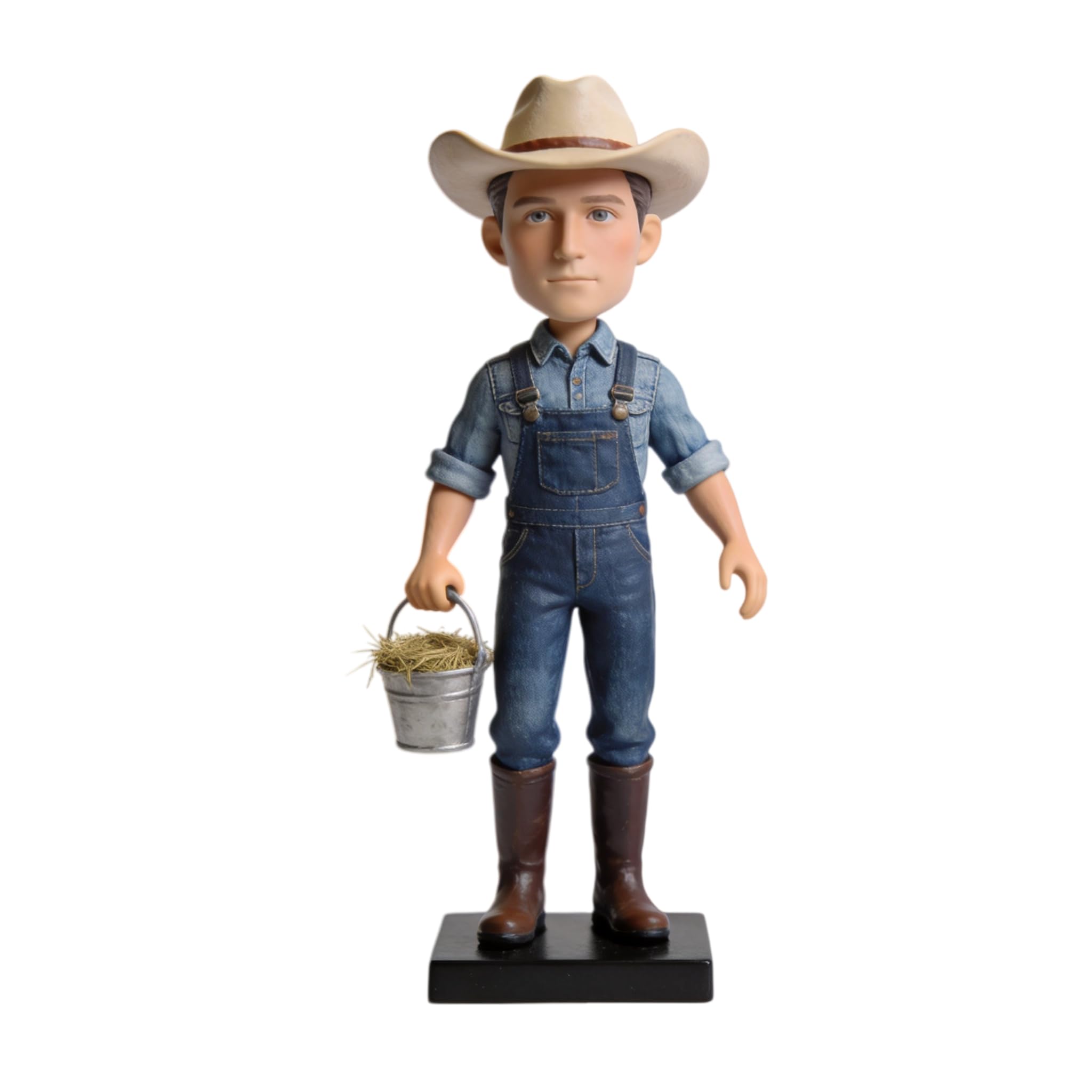 Figura 3D personalizada de granjero, figura 3D de la foto, estatua de cuerpo completo hecha a mano de arcilla polimérica con mini accesorio de cubo de heno, regalo para cumpleaños, decoración