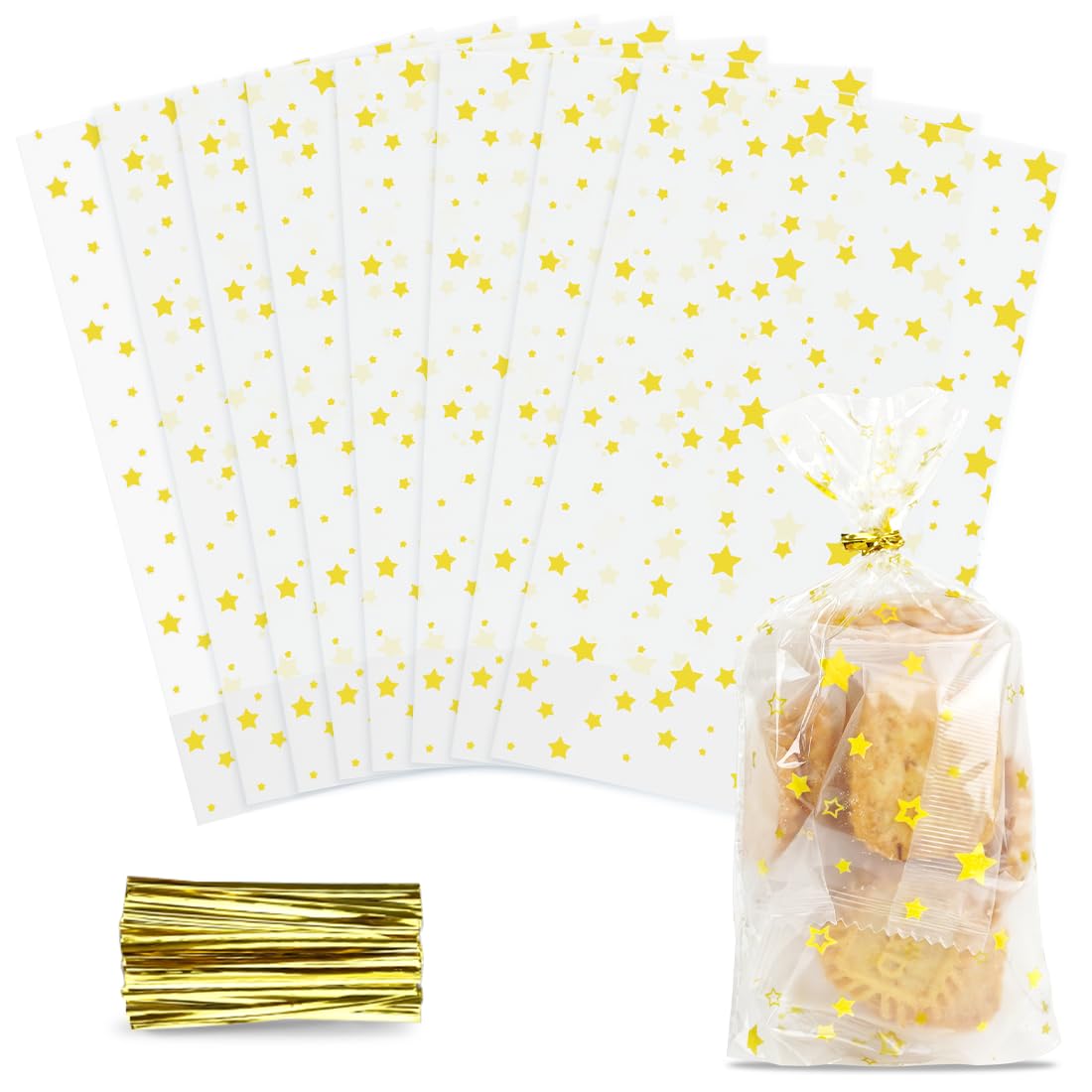 100 Cellophantüten Weihnachten – Bodenbeutel 9,5x16cm, Mit Schneeflocken & Bindeband