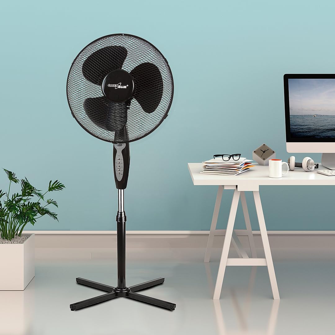 Green Blue GB580 Ventilateur sur pied avec télécommande 40 W 3 niveaux de vitesse 40 cm Faible niveau sonore Oscillation Ventilateur de sol avec minuterie 7,5 h Noir