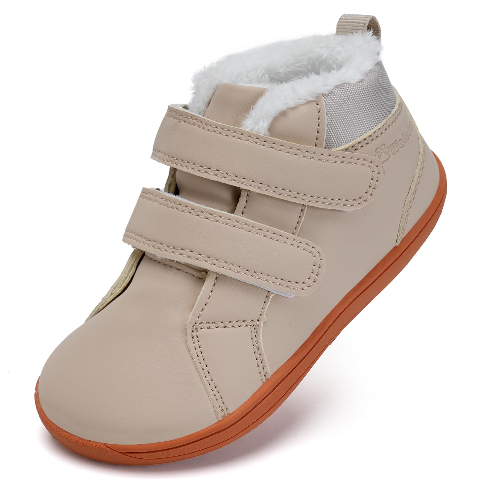 WateLves Toddler Little Kids Wide Barefoot Shoes Boys Girls Winter High Top Minimalist Sneakers Faux Fur Ankle Boots Leather Uniform Dress Shoes Naturally Splay (560-Beige, 24)