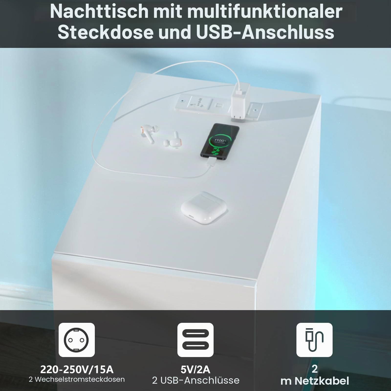 Nachttisch Schmal Weiß, Led Nachttischh für Schlafzimmer, Beistelltisch mit 3 Schubladen,16 Farben LED Nachttisch,Wohnzimmer, Schlafzimmer, Arbeitszimmer 50x30x63 cm
