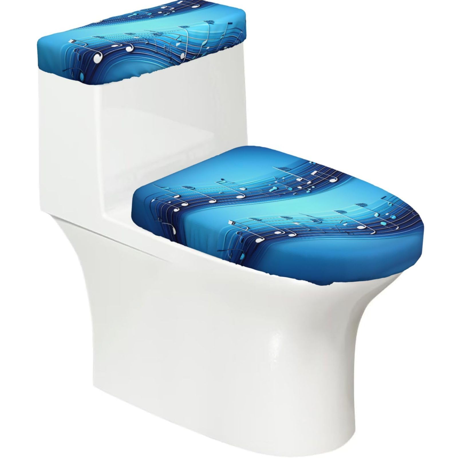 Sky Blue Musical Notes Printed Toilet Tank and Lid Cover Set of 2 for Most Bathrooms, Fits Elongated Round Toilets