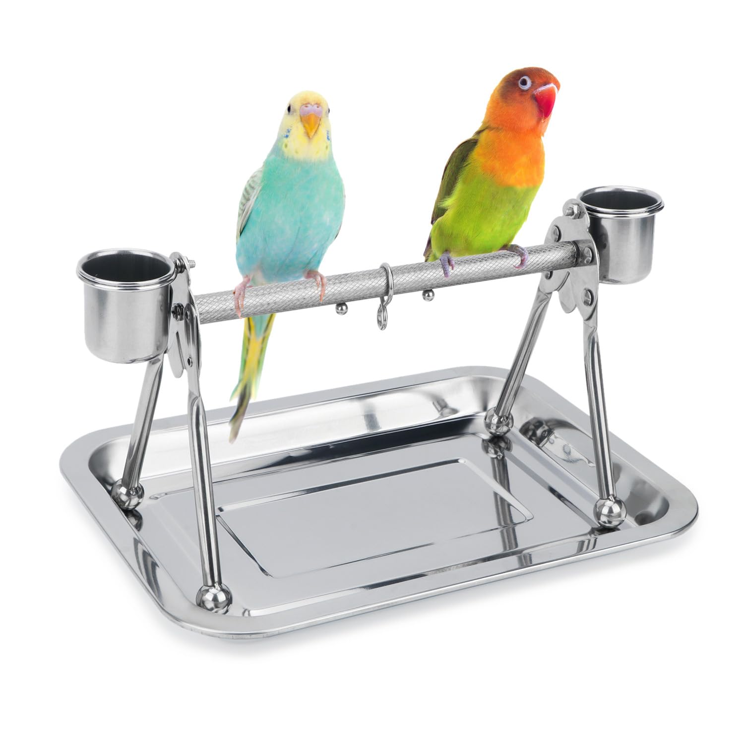 Bird Tabletop Perch Stand Stainless Steel Play Gym Playstand with Cups and Tray for Budgie Parakeet Cockatiel Conure (S)