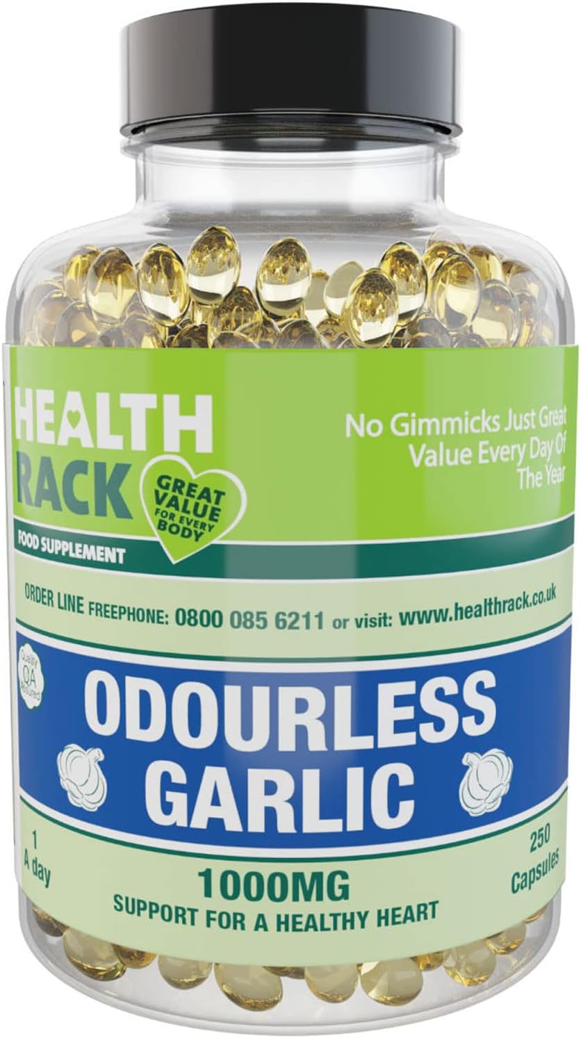 Garlic Capsules Odourless High Strength 1000mg | 250 Easy-Swallow Capsules | Support Heart Health and Immune System | Allicin-Rich Garlic Supplement | Soft Gel Garlic Pearls