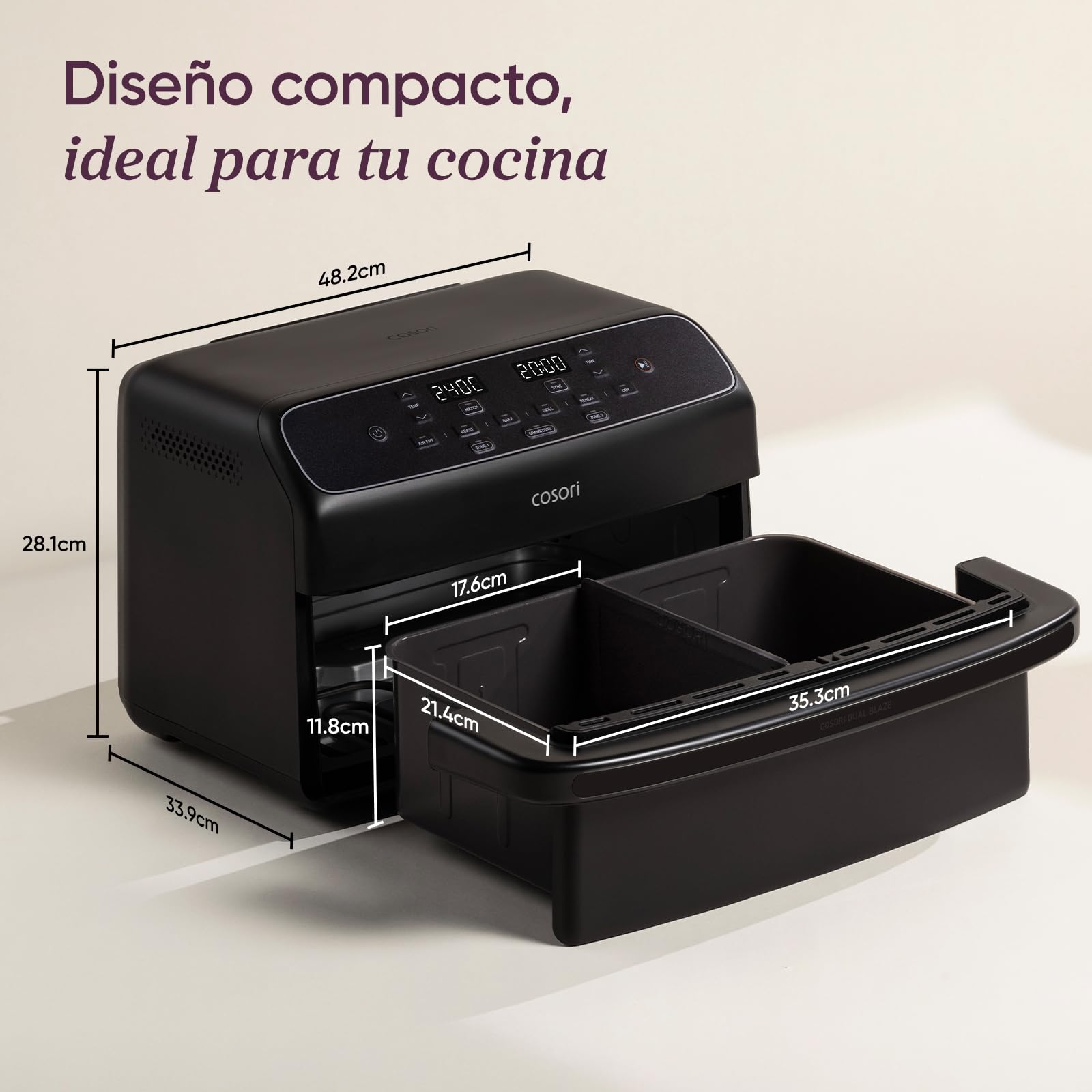 Cosori Freidora de Aire 8,6L Dual Blaze TwinFry Compact, sin PFAS ni Teflon | Revestimiento Cerámico sin PFAS, Tecnología Dual Blaze™, Divisor para 1 o 2 Zonas, Modos SYNC&Match, 6 Funciones, 2700W