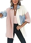Dokotoo Bluse Damen Musselin Langarmshirt Baumwolle Lässig Oberteile Hemd Langarm Farbblock Shirts Einfarbig Tops Hemdjacke Rosa M