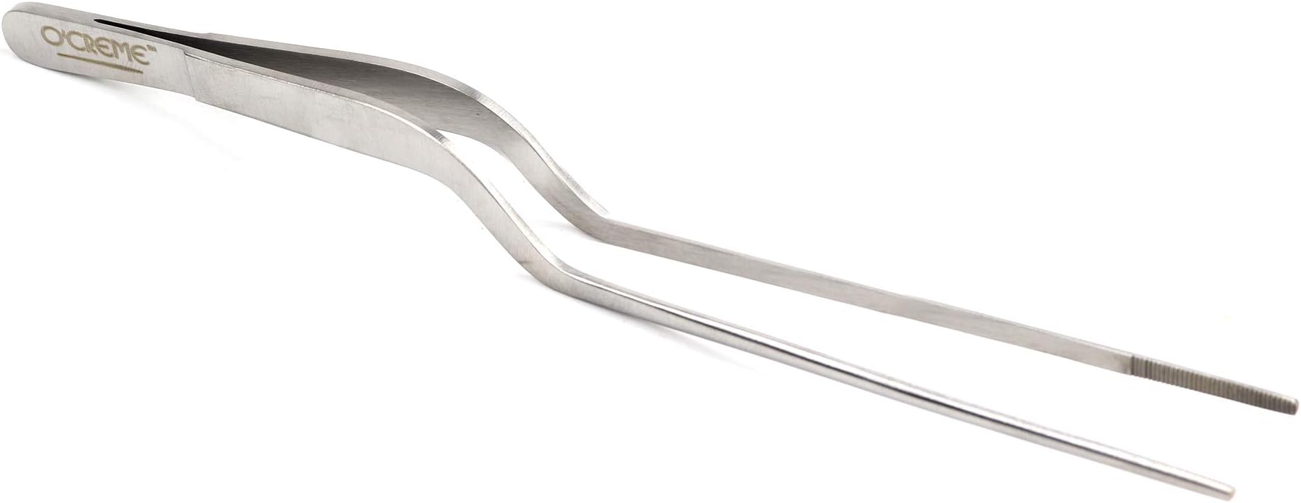O'Creme 8 Inch Stainless Steel Precision Kitchen Culinary Offset Tweezer Tongs