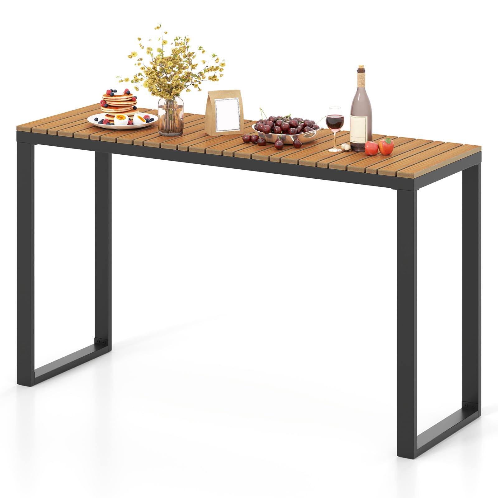 GOPLUS Table Bar Exterieur, Table Haut Extérieur, Console Jardin Exterieur Structure Résistante en Métal, Plateau à Lattes Empêchant l'Accumulation d'eau, Cour et Terrasse, Charge 60KG, 129x42x75CM