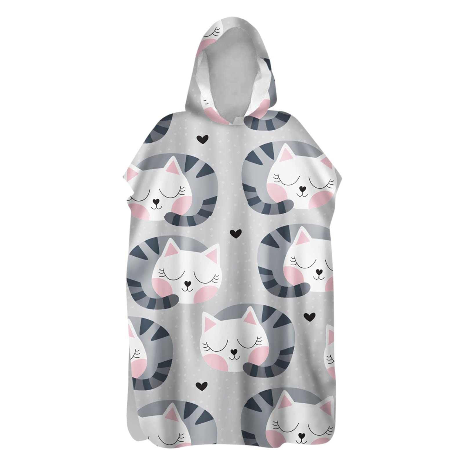 Chickwin Changing Dry Robe Towel Poncho for Adult Kid, Cat Printed Poncho with Hooded Swim Beach Towel Microfibre Beach Surfing Swimming Robe (Grey cat,80x145cm)