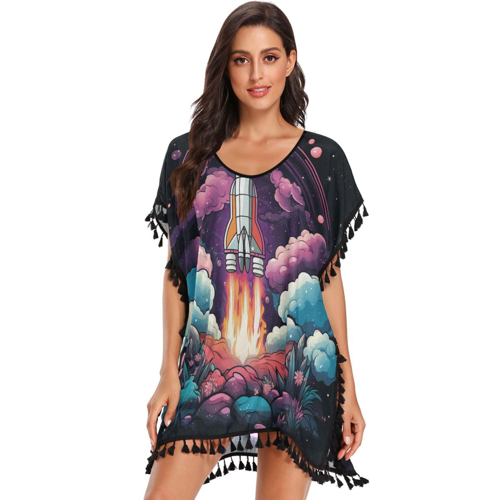 Cartoon Space Art Spaceship Women's Beach Cover Up Chiffon Tassel Swimwear Swimsuit Coverups for Girl