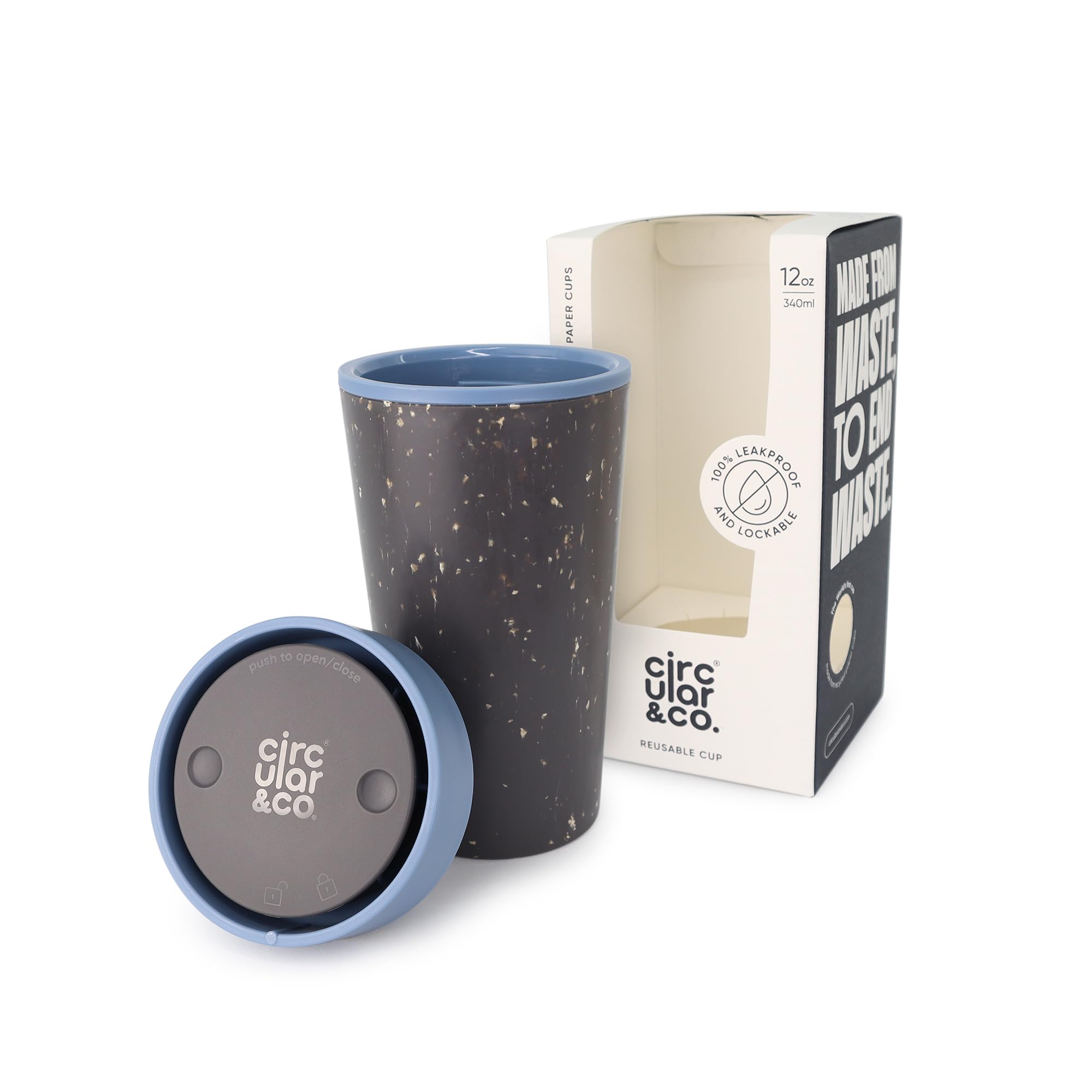 Circular & Co Reusable Coffee Cup - 12oz - 100% Leakproof Travel Mug - Made from Recycled Coffee Cups - Sustainble Coffee Tumbler - 360 Drinking - BPA Free - Dishwasher Safe