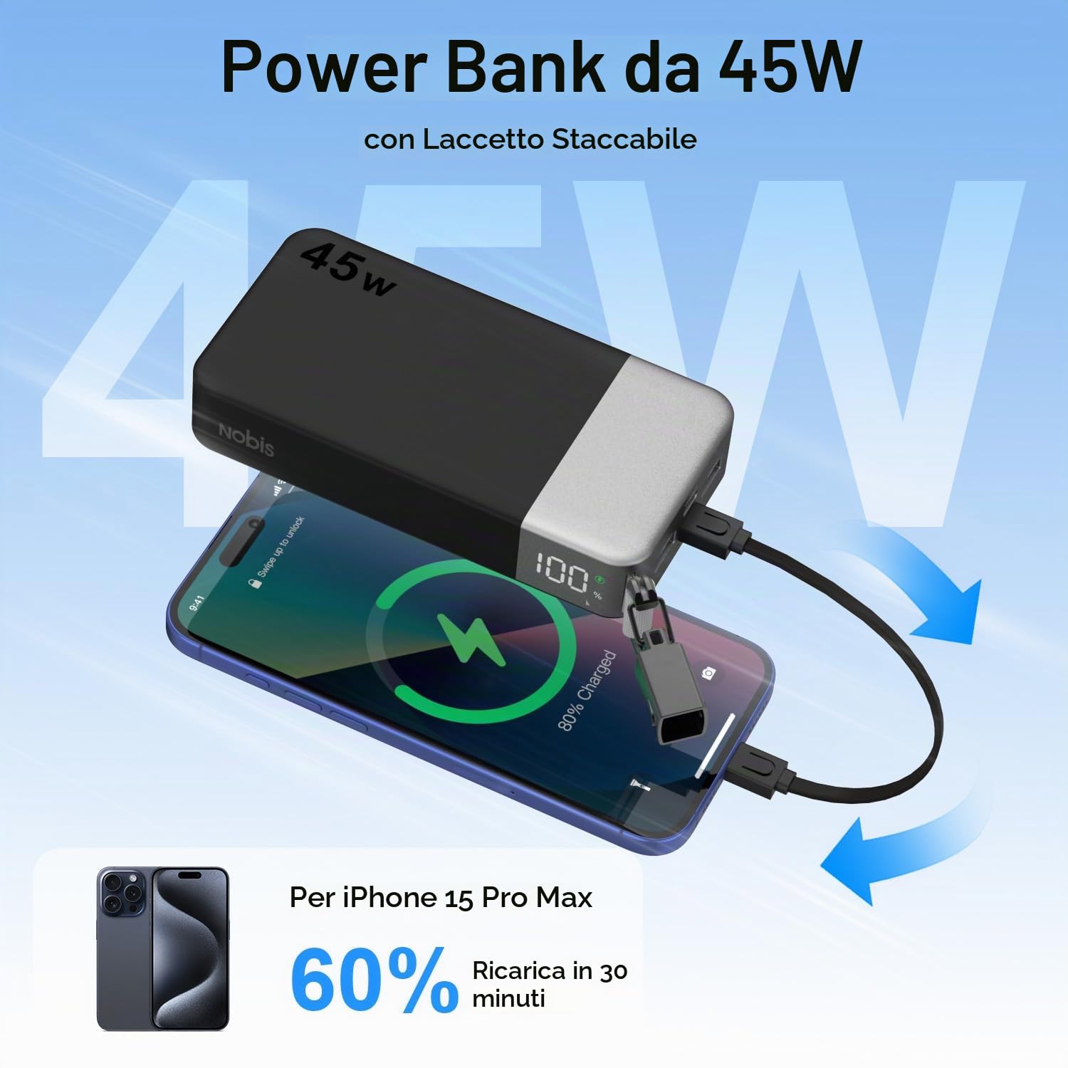 NOBIS Power Bank 20000mAh 45W Caricatore Portatile con Cavo C-C Staccabile | Powerbank con Ricarica Rapida, Display Digitale e 4 Porte (2 USB-C + 2 USB-A) per iPhone, Android e Tablets