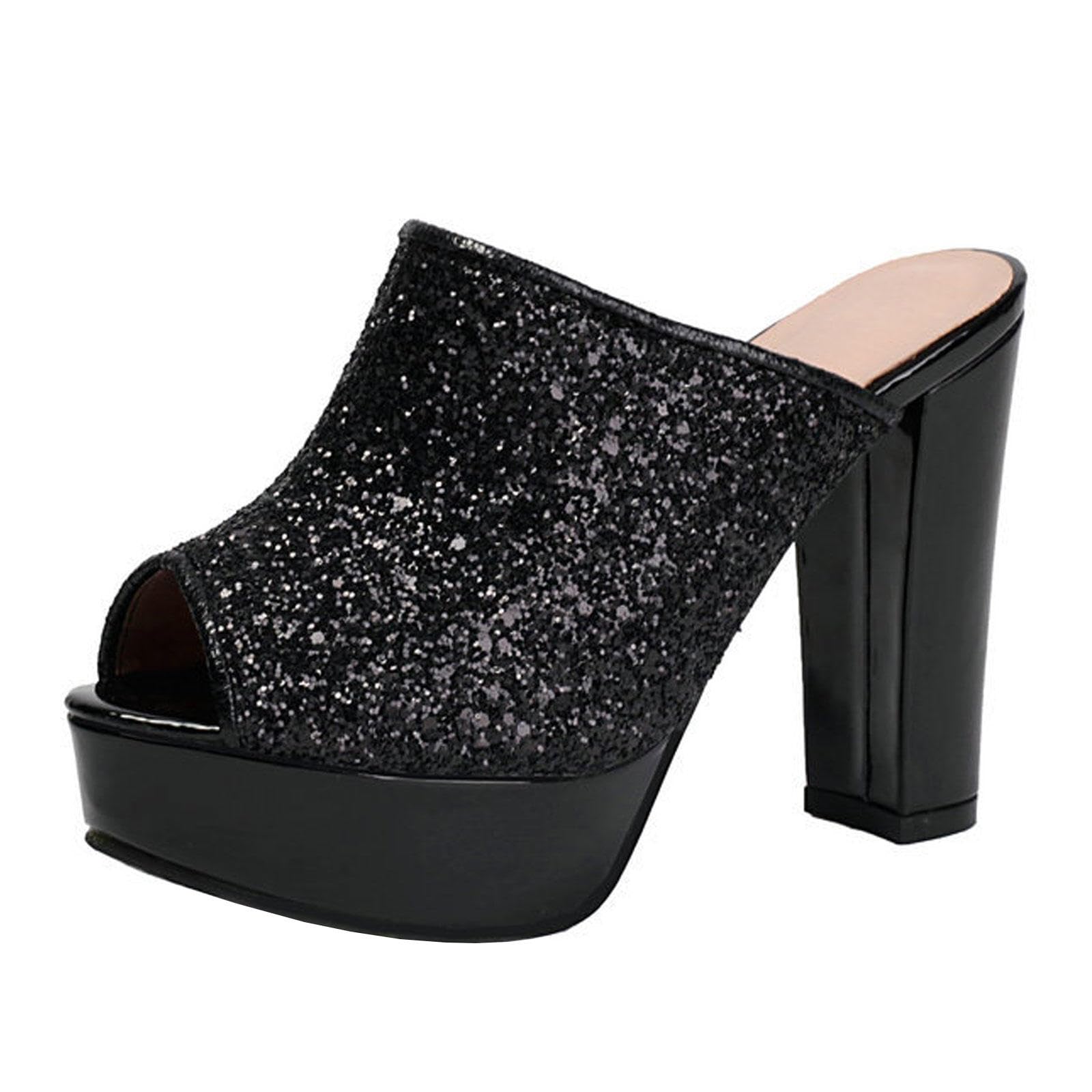 Tacchi Alti Donne Piattaforma Open Toe Muli Sandali Paillettes Slip On Tacco Grosso Pompe Abito Partito Scarpe 11,5cm,Black-43