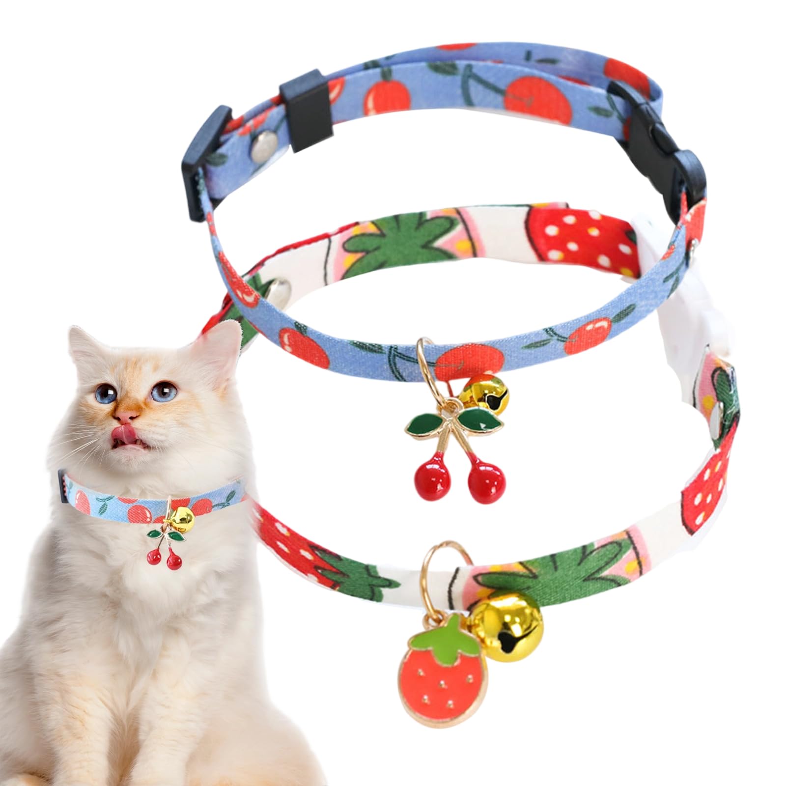 Cat Collar Breakaway,Small Kitten Collar with Bell Bandana Cat Collars for Girl Cats Pet， Strawberry and Cherry Patterns(2 Pack)