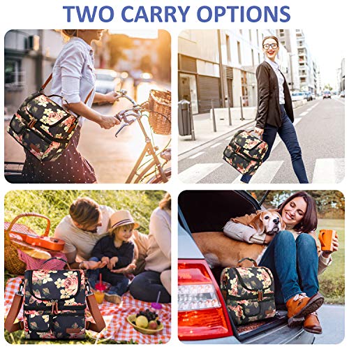 Lokass Lunch Bag Women Double Deck Insulated Lunch Box Large Cooler Tote Bag With Removable Shoulder Strap Wide Open Thermal Meal Prep Lunch Organizer Box For Adults Work/College/Outdoor, Black Peony #TOP6