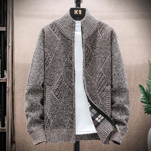 Wankang Men's Fleece Lined Cardigan Sweater Casual Long Sleeve Stand Collar Zip Up Cable Knit Cardigan Sweaters for Men2