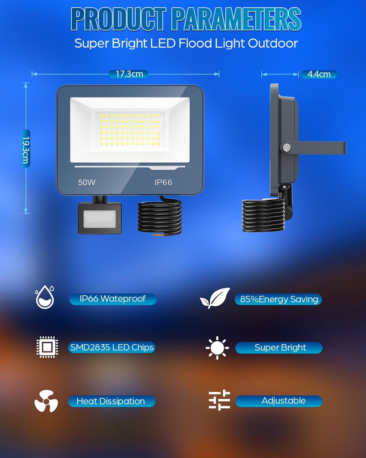 Faro LED Esterno con Sensore Movimento 50W 5000LM - IP66 6500K Faro a Faretto LED da Esterno con Sensore di Movimento per Giardino Patio (2 Pezzi)