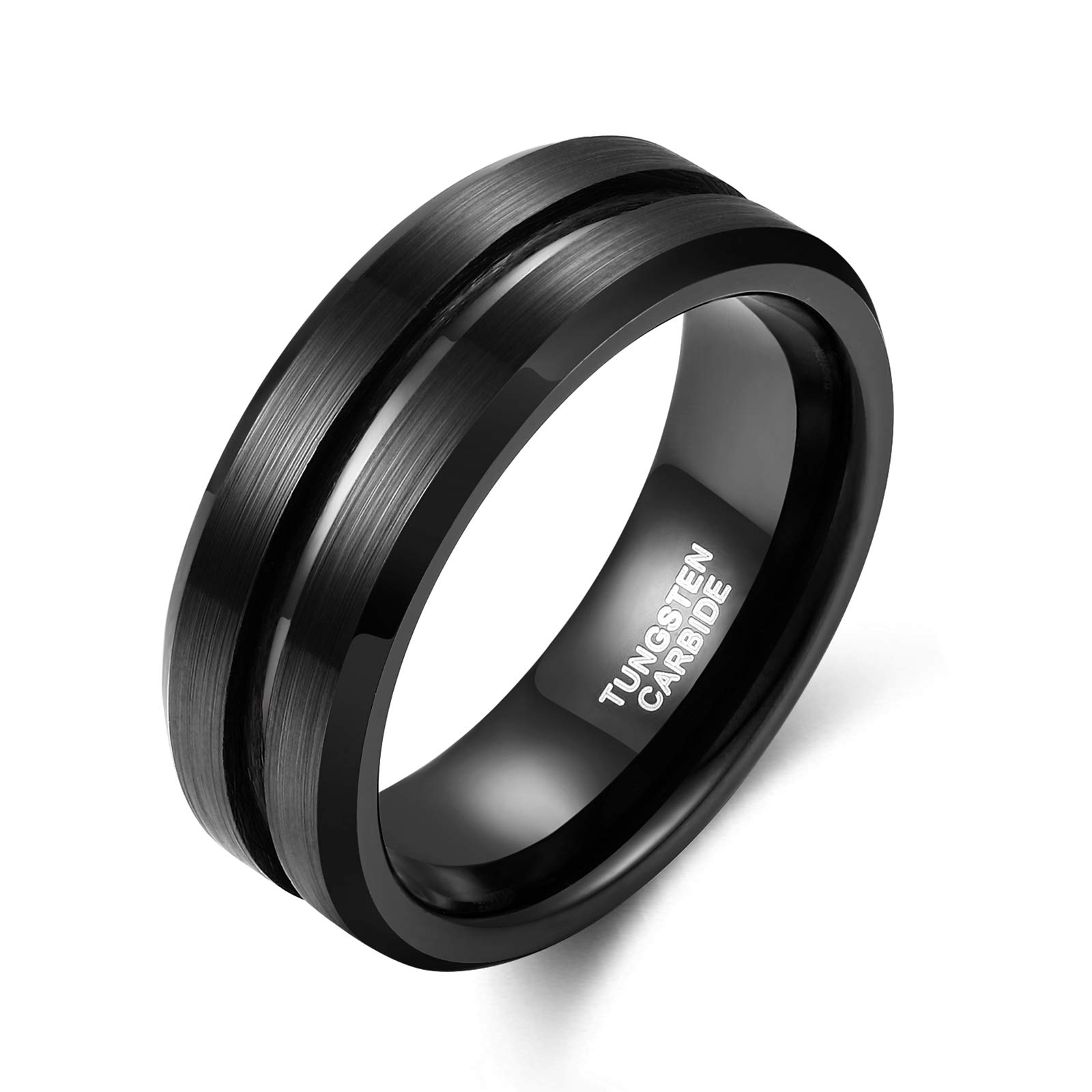 8mm Black Tungsten Carbide Men's Engagement Ring - Two Tone Brushed Finish, Comfort Fit, Size 11.5 | Scratch Proof Wedding Band - View #10