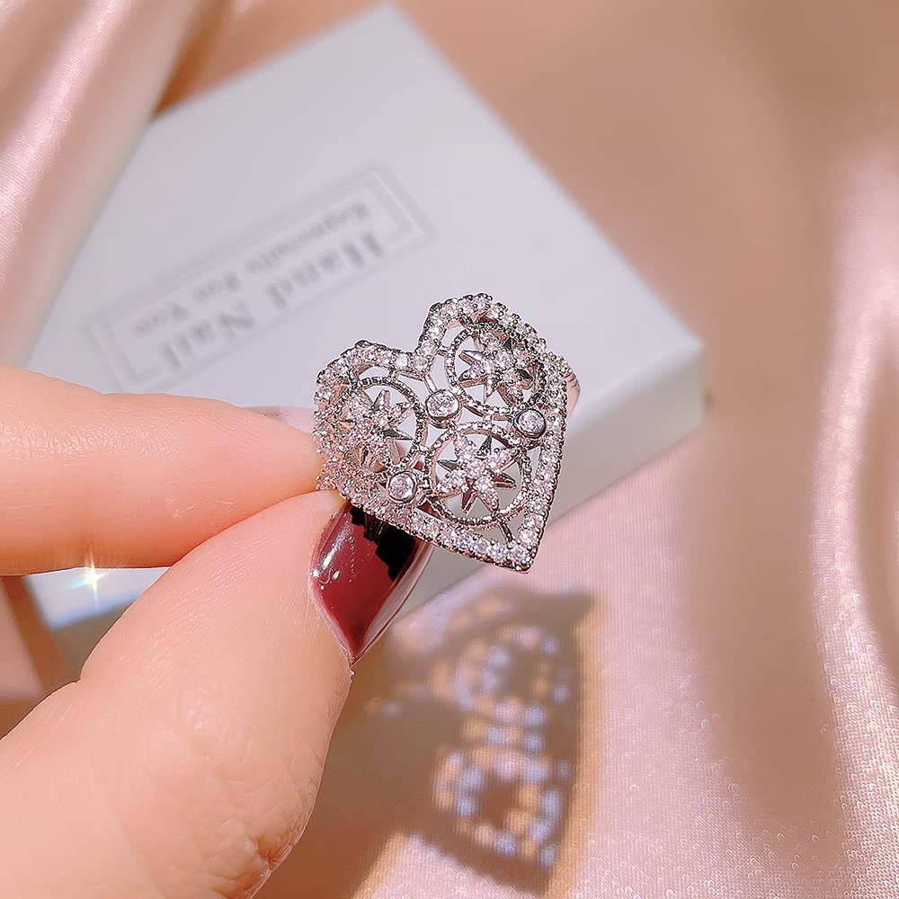 HaoMo Luxury Shiny Full Diamond AAA Cubic Zirconia Promise Heart Rings for Women and Girls 18K White Gold Plated Star Shape Wedding Ring for Engagement Anniversary HM360 (9)