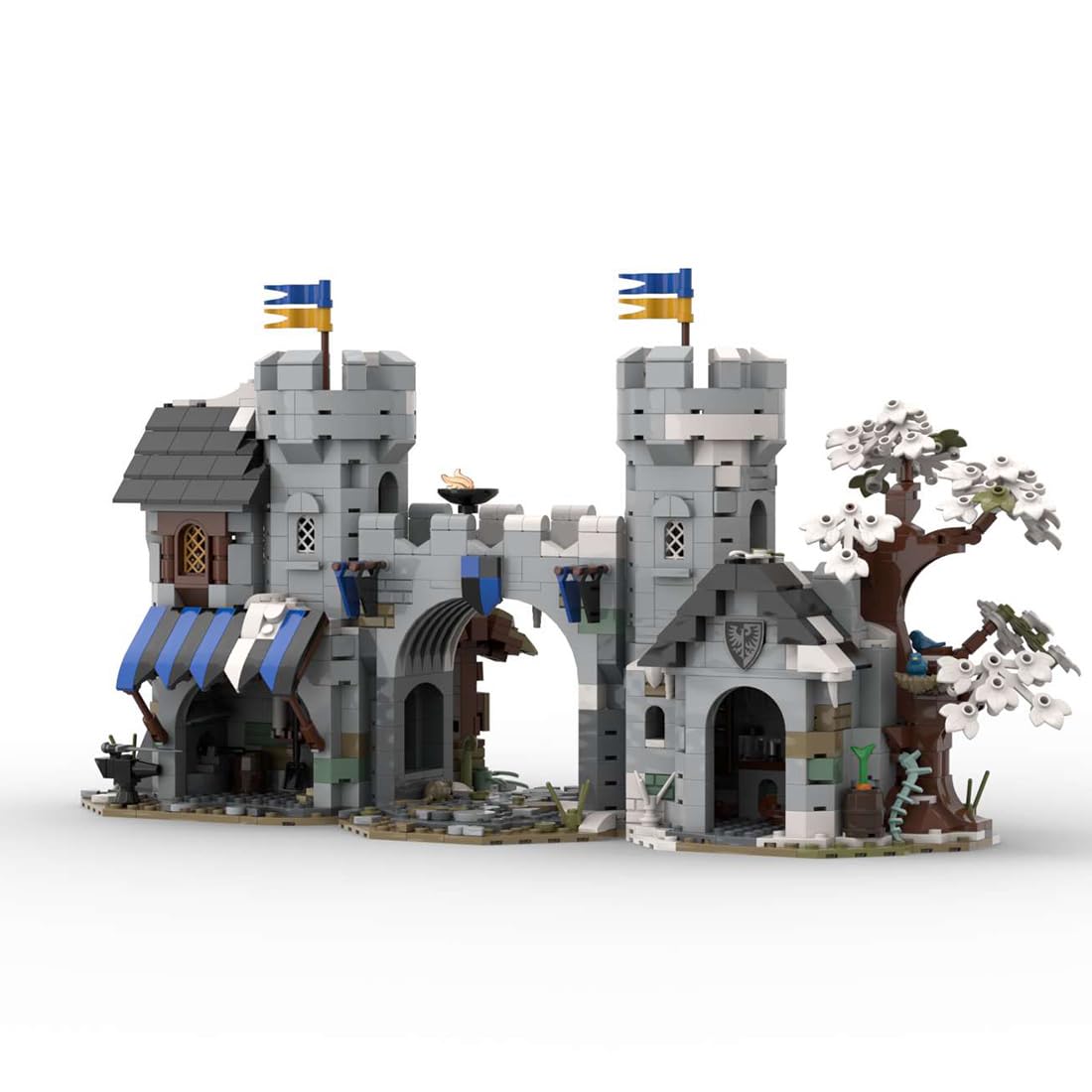 Mittelalterliches Stadttor mit Zwei Türmen Bausteine Modell, 1412 Stück Mittelalter Castle Klemmbausteine Haus Architektur Set für Erwachsene und Jugen, MOC-237647