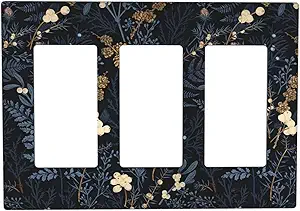 Decorative Outlet Covers Rustic Navy Dark Blue Leaves Golden Floral 3 Gang Outlet Cover Wall Plate Triple Rocker Light Switch Cover Plate Switch Plate Covers for Bedroom Home Decor